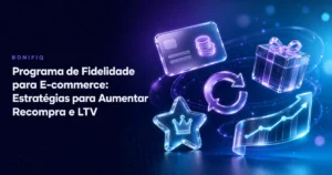 Capa sobre programa de fidelidade para e-commerce com ícones 3D de pontos, recompensa, recompra e LTV