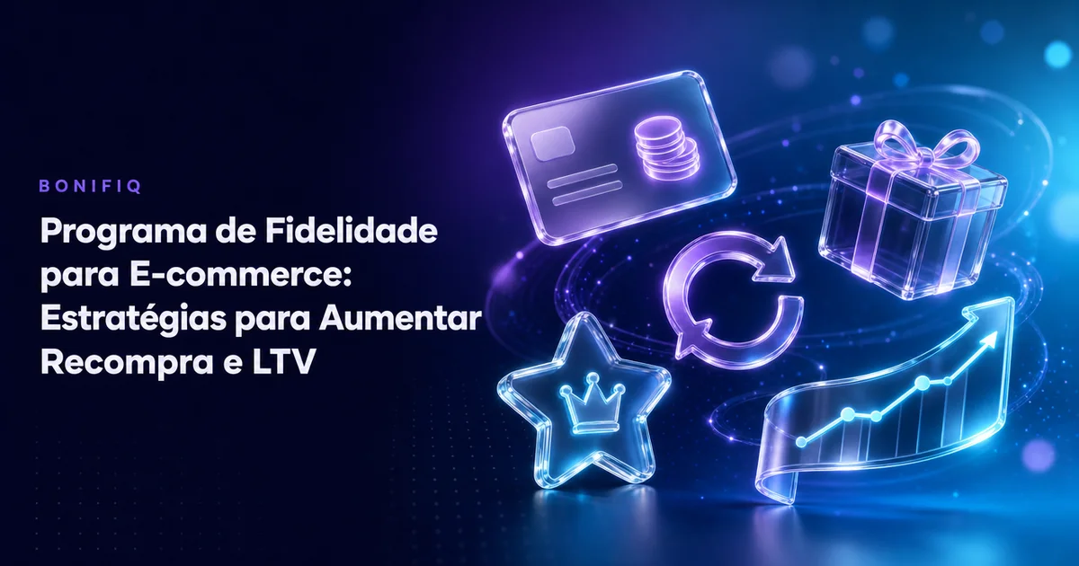 Capa sobre programa de fidelidade para e-commerce com ícones 3D de pontos, recompensa, recompra e LTV